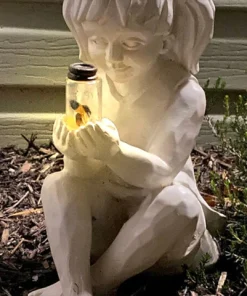 Solar Fireflies Garden Statue, Resin Boy and Girl with Lighted Jar