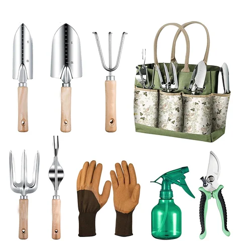 9-piece heavy-duty stainless gardening tool set with gloves