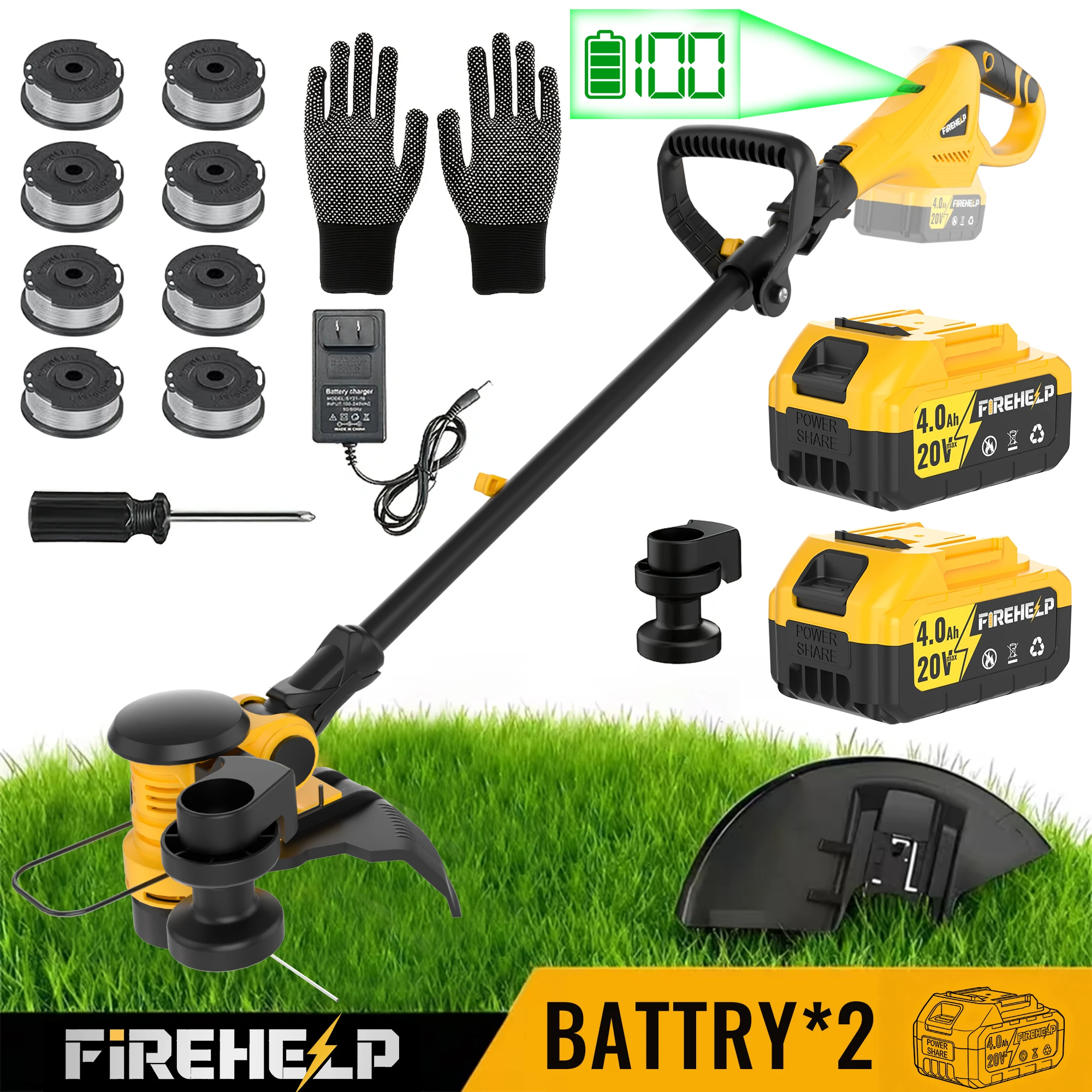 20V cordless string trimmer and lawn edger 12 inch with 2 batteries and charger